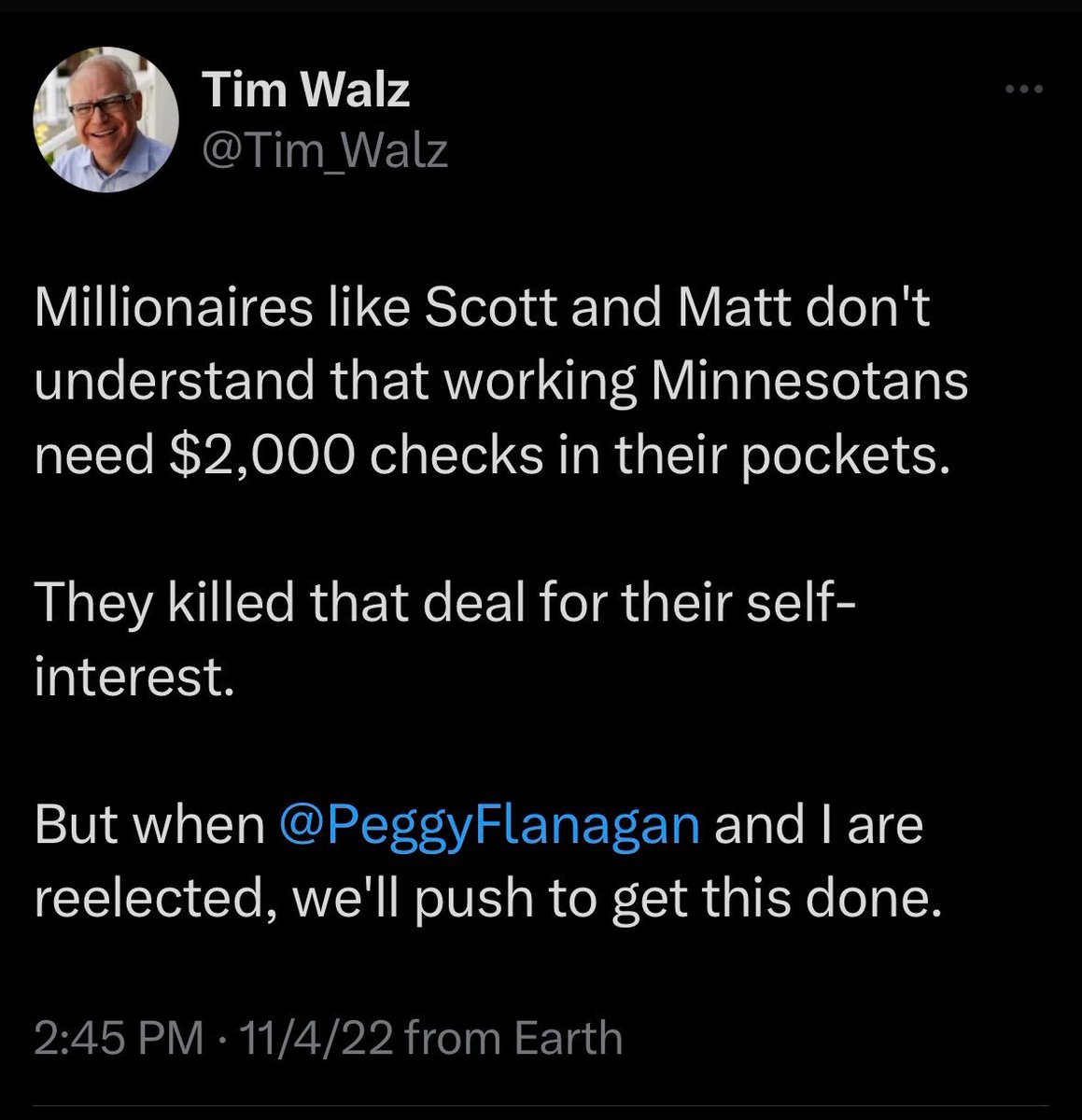 andrewwagner's tweet photo. The surplus was about $9 billion when @GovTimWalz tweeted this, promising $2000 checks to Minnesotans. 

The surplus grew to $17.5 billion a month later, and Minnesotans are ending this session with a measly $260. #mnleg https://t.co/GGZSZnN1f6