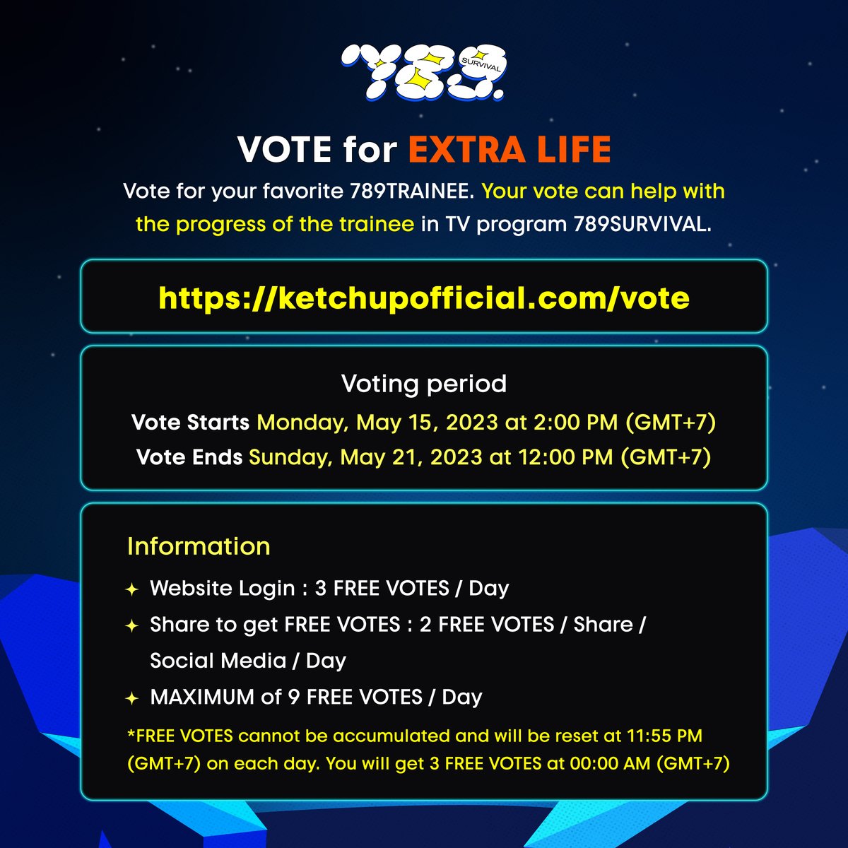 789SURVIVAL's tweet photo. ❗3 Days Left to VOTE for EXTRA LIFE❗️ (1/4)

Vote for your favorite #789TRAINEE. 💫
Your vote can help with the progress of the trainee in #798SURVIVAL. 🚀

🌟Vote Now ! https://t.co/rHPwAinyy8 https://t.co/ECsQut1xNX