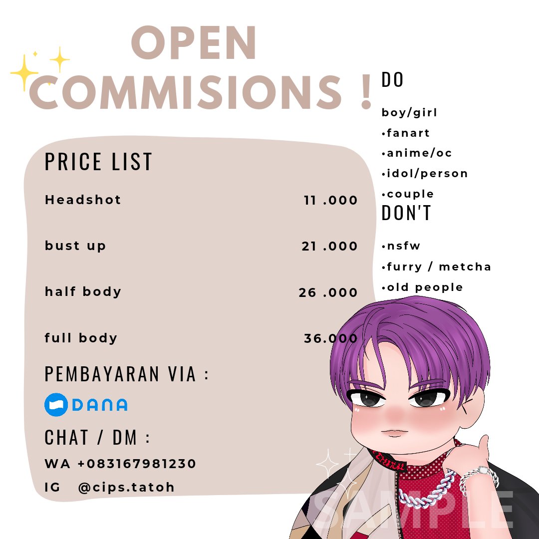 cipstatoh's tweet image. OPEN COMMISION ‼️
Hay guys , saya open commission chibi art seperti dibawah ini . Khusus lokal saja
Jika ada yang berminat bisa hubungi melalui WhatsApp lebih FastRespon 

wa : wa.me/qr/FL4JMK556VE…

#zonauang #zonajajan #opencommissions #commissionsopen #digitalart #ZonaBA