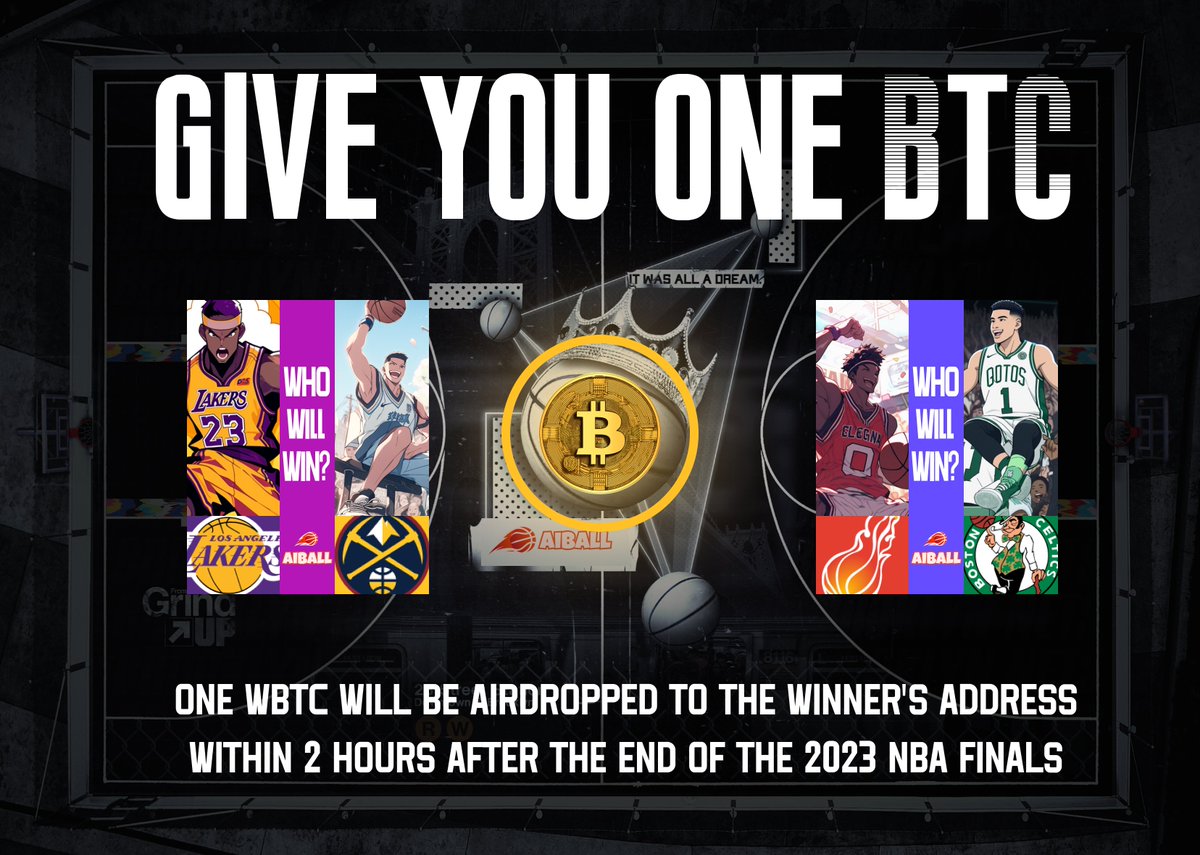 AiBall_ai's tweet image. 🏀Receive it, your basketball mates will send you 1 #BTC 🏀

Reward 1：chance to win AIBALL NFTs if you
📱follow@AiBall_ai
👨‍👦‍👦👬rt &amp;amp; tag 5 friends
🪟join the Discord discord.gg/zC3qxXBDPa 

Reward 2：chance to win 1 BTC if you predict the championship team

#AIBALL #NFTs  #NBA
