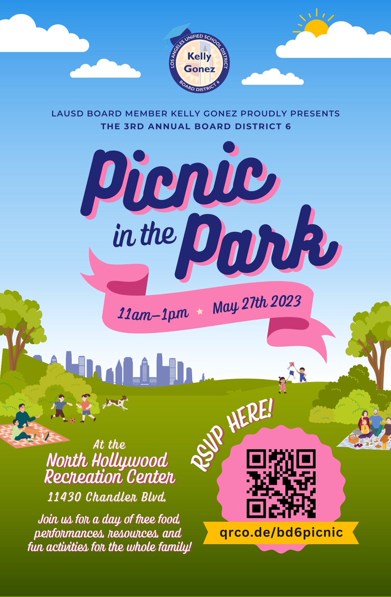 <a href="/ElDoradoBears/">El Dorado Avenue Elementary</a> Join Board Member Kelly Gonez for BD6 Picnic in the Park on Sat, May 27th, 11am-1pm! RSVP at qrco.de/bd6picnic This is a free event for everyone to enjoy food, activities and school performances! <a href="/Kelly4LASchools/">Kelly Gonez, LAUSD</a> <a href="/SFS_COS/">SanFernando.Sylmar.COS</a> <a href="/LASchoolsNorth/">LAUSD Region North</a> <a href="/LASchools/">Los Angeles Unified</a>