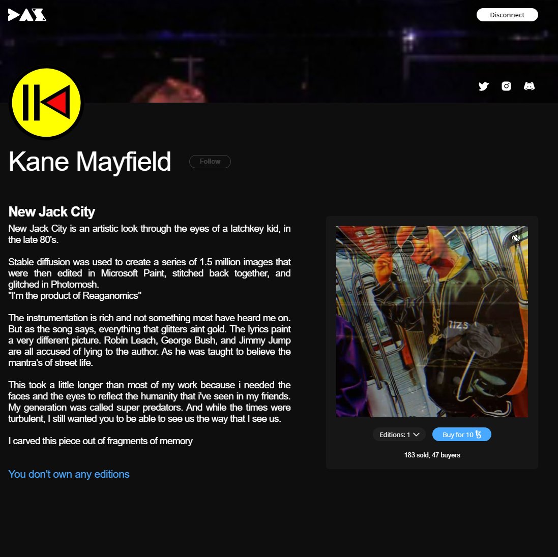 KaneMayfield's tweet photo. So the first drop on @dns for my piece #NewJackCity came out today
Mint is live for 5 days
If u haven't seen it, u def want to take a look
It's an AI music video that my friends call #Ganimation
This is my best work to date, & what #Web3Music should be
https://t.co/bVC2IwFSbA https://t.co/hVhrYPiaJ5