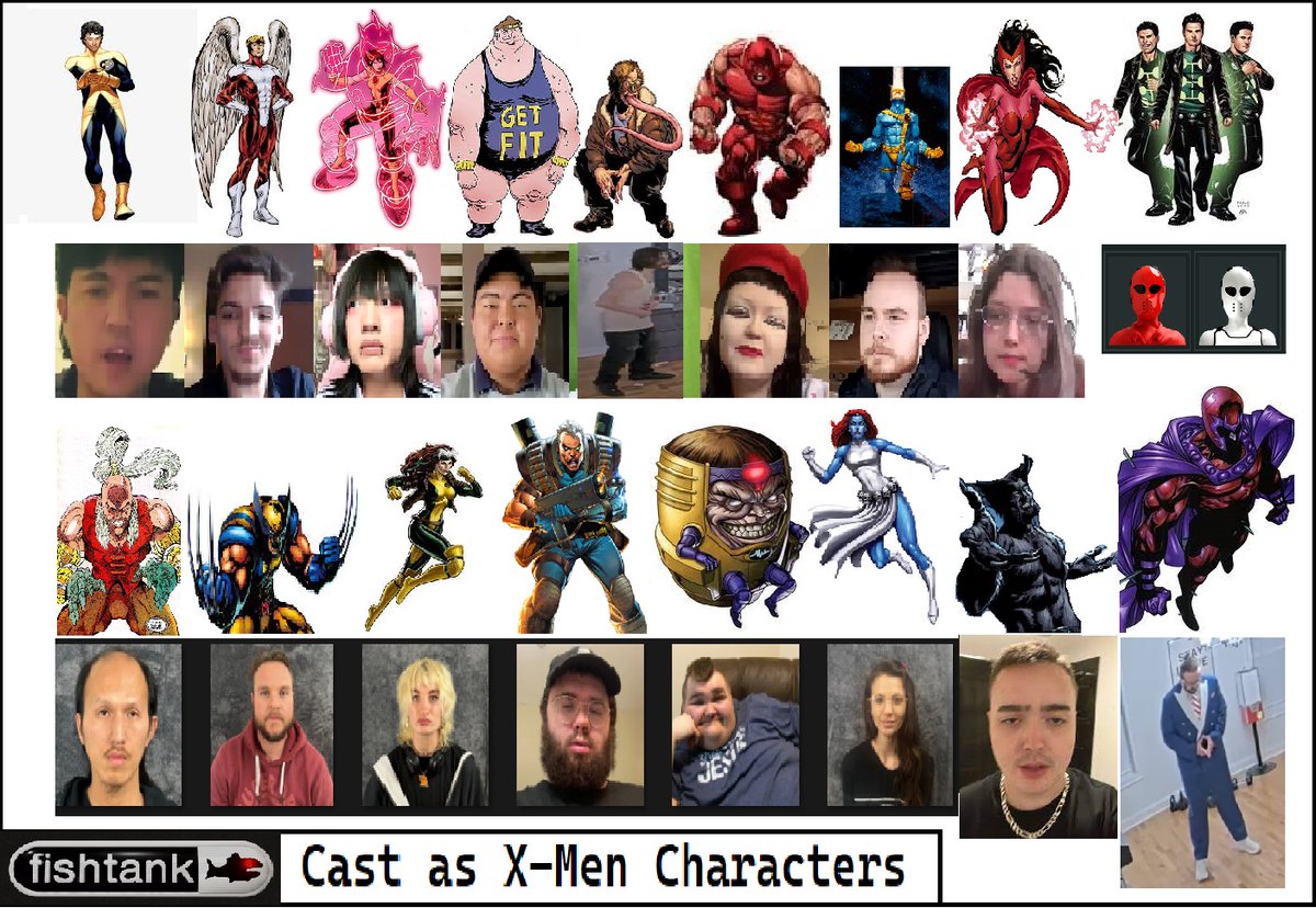 SquidIncMMA's tweet photo. I tried to do a thing. The Infamous Fishtank Cast as X-Men. Let me know what you would have done differently?
#fishtankliveupdate #fishtankdotlive #fishtank #fishtankliveupdates #fishlive @jetneptune_ @wigger @DannyJBauer @uglyophelia https://t.co/bsKuihQzvz