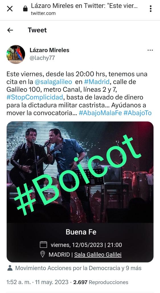 AlpidioAlonsoG's tweet photo. El acoso al Dúo Buena Fe y las presiones a los dueños de las salas que programaron sus conciertos en España, son actos cobardes, de corte Macartista y fascista, que retratan de cuerpo entero a estos "nuevos campeones del respeto a la diversidad y la libertad de expresión". https://t.co/TS5JTFSGZO