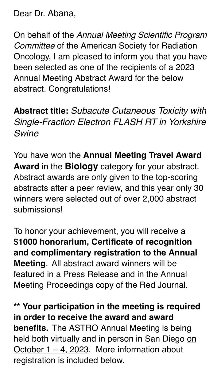 We are pleased to announce that our resident @ChikeAbanaMDPhD @MDAndersonNews received one of the 2023 ASTRO Annual Meeting Travel Award in the Biology category! Congratulations! @ACKoongMDPhD @DMitra_MD @BouthainaDabaja