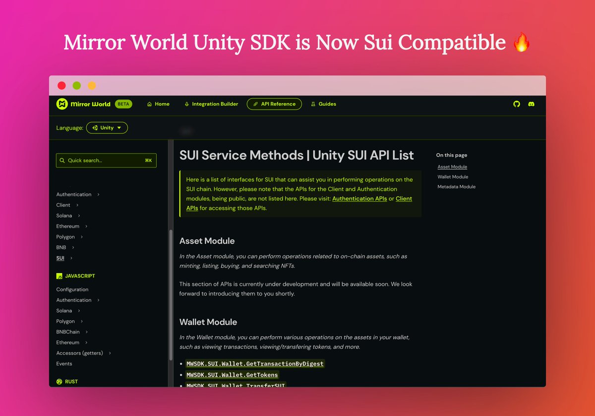 joinmirrorworld's tweet image. 🎉 BIG News! Mirror World Unity SDK is now @SuiNetwork Compatible!

In our latest update, we&apos;ve expanded the #Wallet module with 4️⃣ new APIs, empowering you with even more options.🚀

GitHub: 🔗 github.com/mirrorworld-un… 

API Ref: 🔗 mirrorworld.fun/docs/api-refer… 

#SDKUpdate #SUI