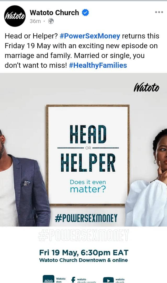 Are you a head or a helper? #PowerSexMoney returns this Friday at #WatotoChurchDowntown #HealthyFamilies #PioneerAgain