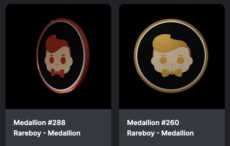 Minted a couple @RareboyApp Medallions today.

<a href="/SamOsci/">SamOsci ❤️ $WELL 🐉 $MON 🕹️ $RCADE</a> has built one of the best tools for <a href="/10KTFshop/">Wagmi-san</a> &amp; the NFT space as a whole, proud to support builders adding value to the space in meaningful ways. There are less than 800 left, get one while you can! rareboy.com/medallion