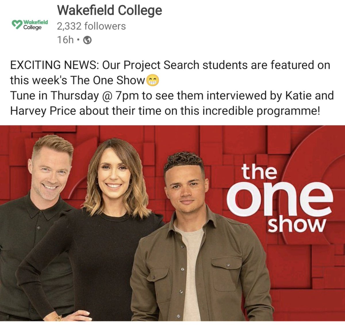 Make sure you are watching the @BBCTheOneShow tonight to see our interns in action @MidYorkshireNHS 

We know our young people can enrich the workplace ⭐

Thank you @KatiePrice and Harvey for shining a light on this pathway 🙏🏾
@wakeycollege @P_SEARCH_MYT @dfnsearch @Hftonline