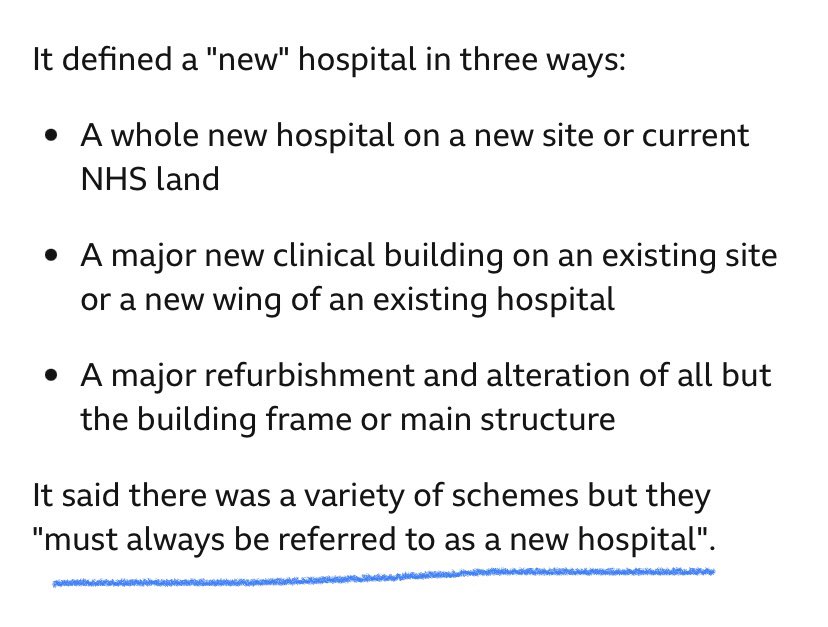 Many people believed that the government planned to build 40 brand-new NHS hospitals. They were a key election pledge from Boris Johnson.

But in 2021 the Department of Health sent info to NHS trusts on “key media lines” to use when asked about the pledge. Take a look at this👇🚨