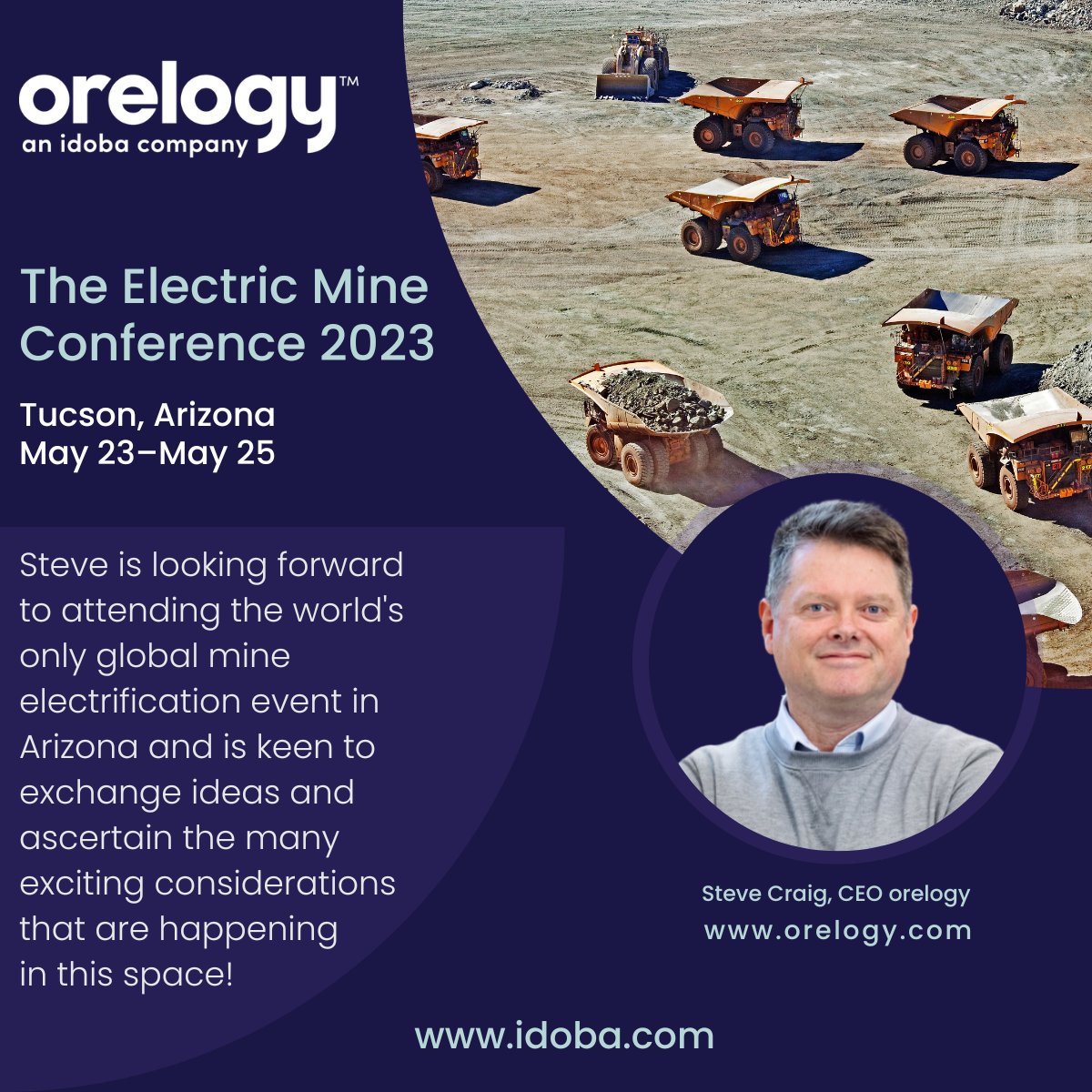 orelogy's tweet photo. @OrelogyConsult @SteveCraig3 is attending @theelectricmine 2023 conference in Arizona. 

This program offers a platform for mining companies, OEMs, service providers and research institutes to exchange ideas on best practice within this fast-changing sector. #electricmine23 https://t.co/hjX9PrJDrQ