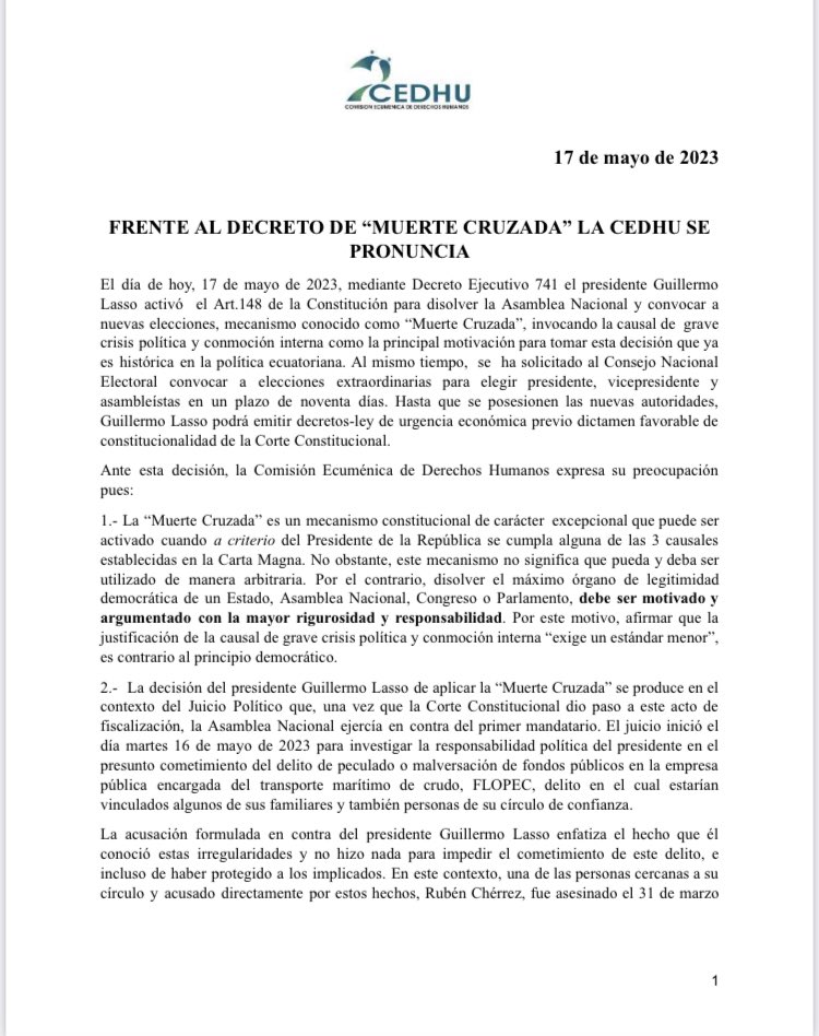 Cedhu's tweet photo. 🔴 #PRONUNCIAMIENTO
Frente al #Decreto741 de #MuerteCruzada la Comisión Ecuménica de Derechos Humanos,se pronuncia
👉🏽 https://t.co/BX3GHBof3l
@ONU_derechos @ONUecuador @CIDH @UNHumanRights @StuardoRalon @volker_turk @AmnistiaOnline @hrw_espanol @CNNEE @MongabayLatam https://t.co/Xf09jmXgxM