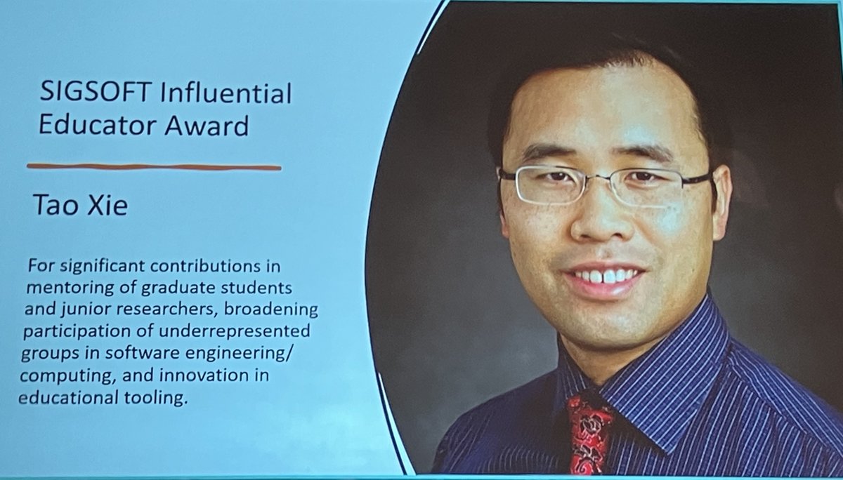And the ACM SIGSOFT Influential Educator Award goes to <a href="/taoxiease/">Tao Xie</a>. Congrats!

#ICSE2023 <a href="/ICSEconf/">ICSE</a>