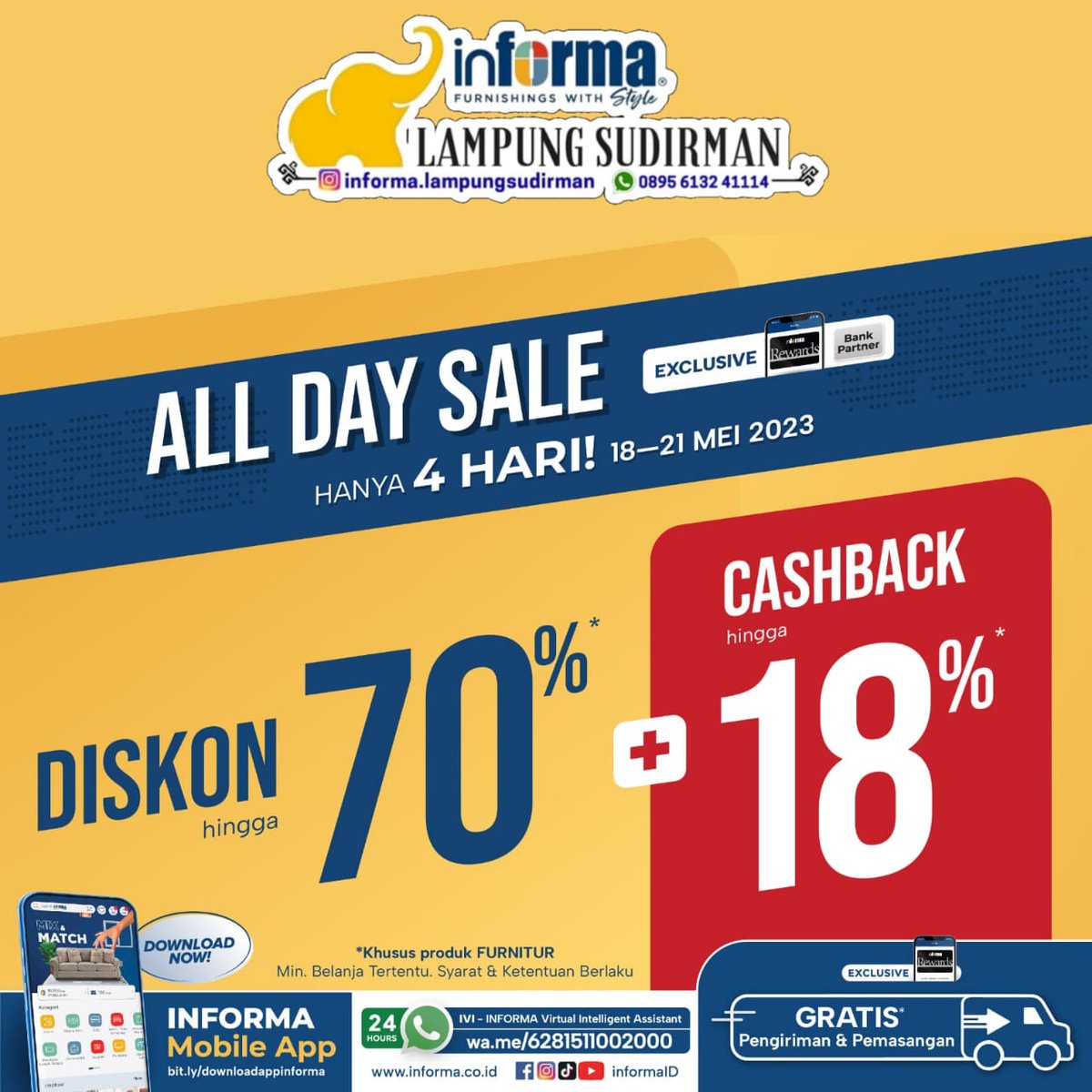 All Day Sale hanya 4 hari!
Jangan lewatkan promo menarik di INFORMA :
- Diskon hingga 70%
- Cashback hingga 18%

Untuk Info &amp; Pemesanan klik api.whatsapp.com/send?phone=628…
Happy shopping! 📷