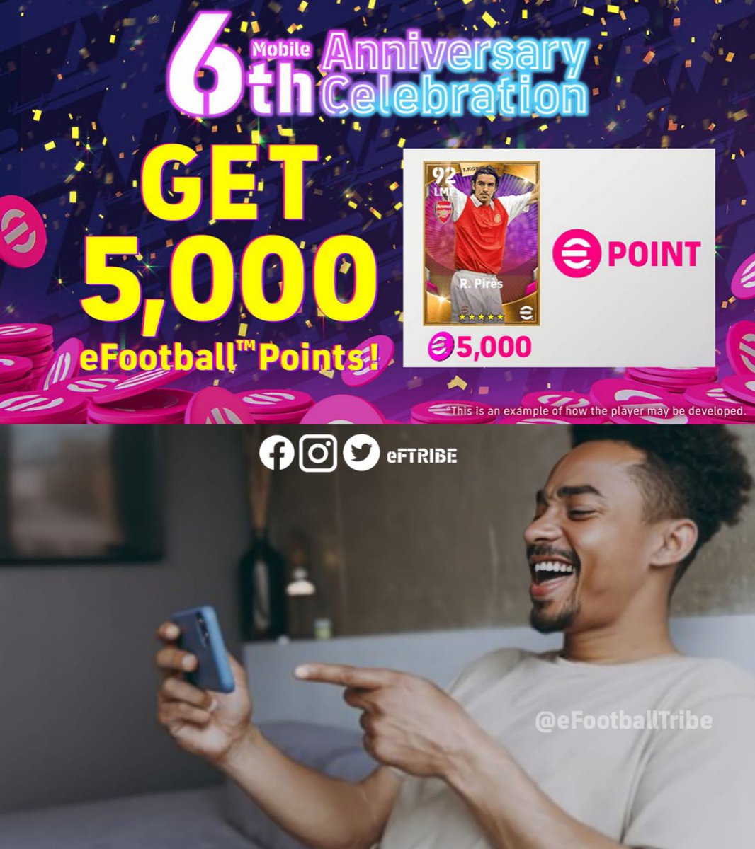 ef_tribe's tweet photo. 5000 EFOOTBALL POINTS😍🔥
Claim your eFootball ™ point
Celebrate the 6th anniversary of eFootball™ Mobile with 5,000 eFootball™ Points!
Use Points to sign Legendary R. Pirès from the eFootball™ Point Shop!
#eFootball2023 #eFootballHUB
#eFootballPoint https://t.co/rdoMfudEjr