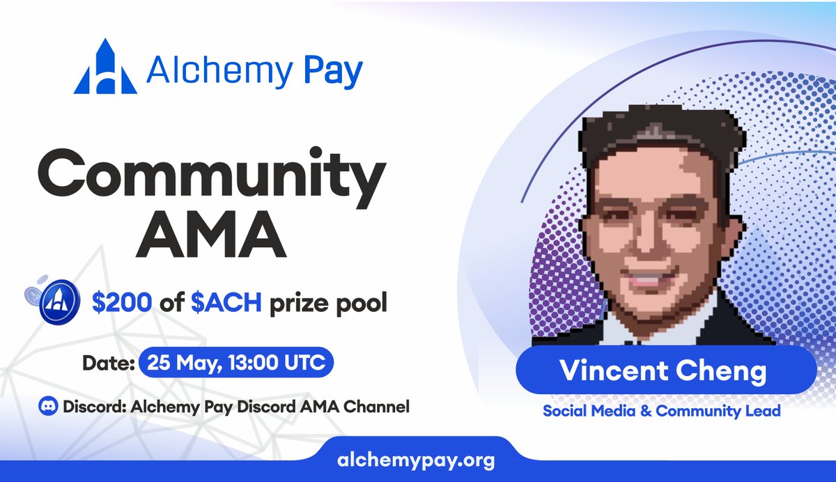 Alchemy Pay|$ACH: Fiat-Crypto Payment Gateway (@alchemypay) on Twitter photo 📢Community #AMA on May 25th! Win a share of $200 in $ACH for:
1⃣ 10 best questions under this tweet
2⃣ Follow <a href="/AlchemyPay/">Alchemy Pay|$ACH: Fiat-Crypto Payment Gateway</a>
3⃣ RT, Like & Tag 3 friends
4⃣ Leave your questions below
Discord: discord.com/invite/KYJmPNE…
#AlchemyPay #Airdrop #Giveaway 📢Community #AMA on May 25th! Win a share of $200 in $ACH for:
1⃣ 10 best questions under this tweet
2⃣ Follow <a href="/AlchemyPay/">Alchemy Pay|$ACH: Fiat-Crypto Payment Gateway</a>
3⃣ RT, Like & Tag 3 friends
4⃣ Leave your questions below
Discord: discord.com/invite/KYJmPNE…
#AlchemyPay #Airdrop #Giveaway
