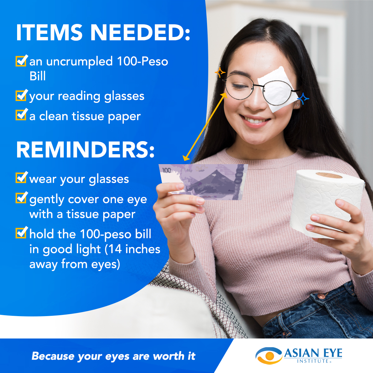 asianeyephil's tweet photo. Did you know there is a simple way to check the clarity of vision from your home? It's easy! Just use the new 100-peso bill!

However, always remember that a home-based test is not a replacement for a thorough checkup with your doctor. https://t.co/7XBkXtA04e
