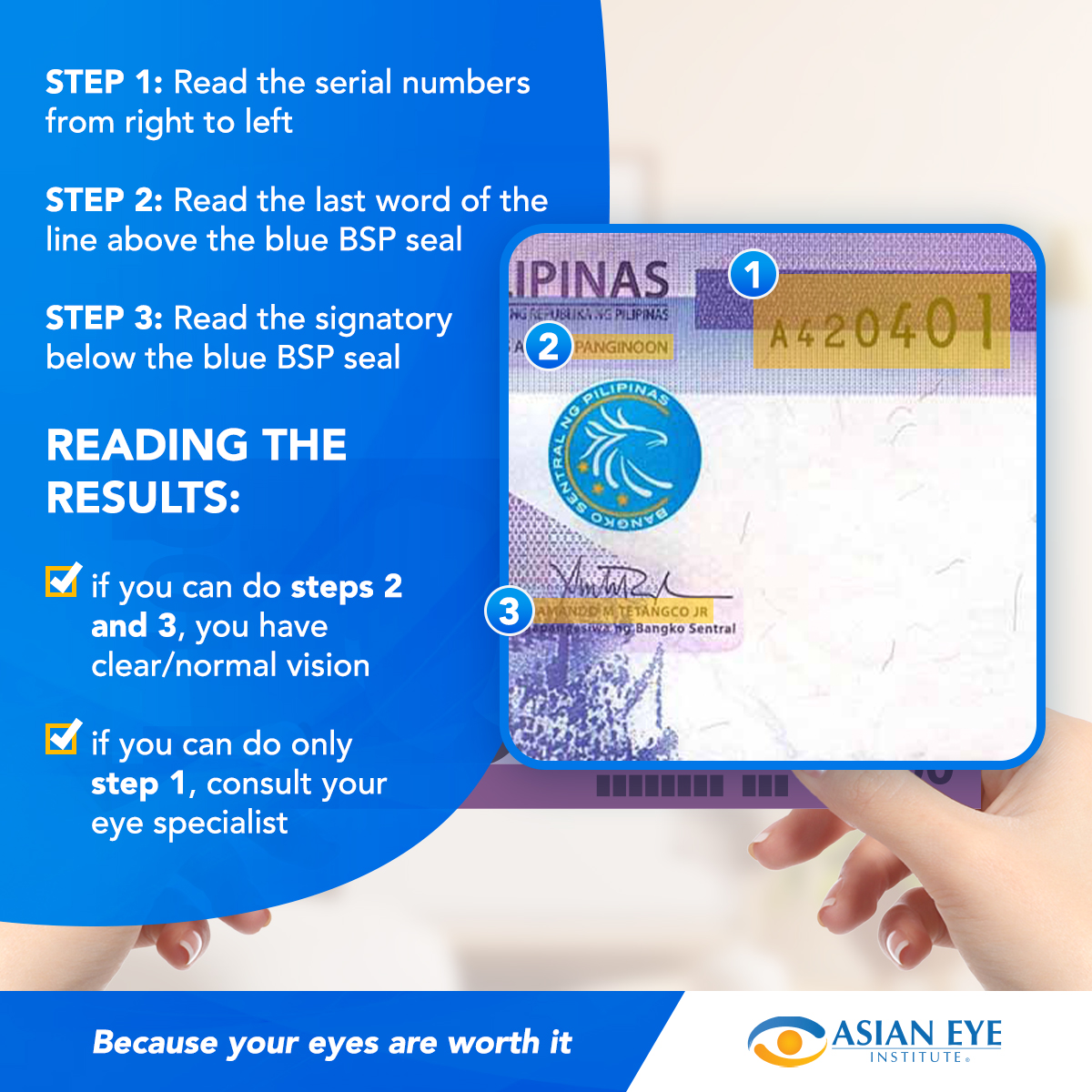 asianeyephil's tweet photo. Did you know there is a simple way to check the clarity of vision from your home? It's easy! Just use the new 100-peso bill!

However, always remember that a home-based test is not a replacement for a thorough checkup with your doctor. https://t.co/7XBkXtA04e