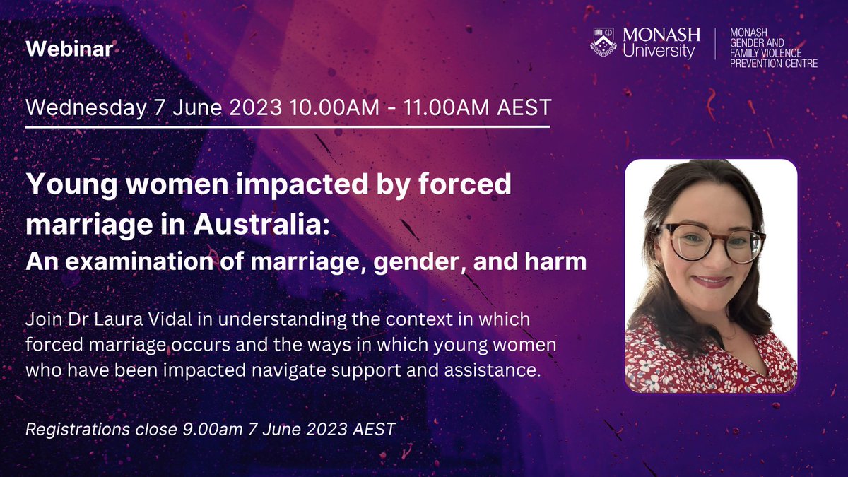 📢We are thrilled to announce our next webinar: 'Young women impacted by forced marriage in Australia: An examination of marriage, gender &amp; harm' which will present key findings from <a href="/lauraemilyvidal/">Laura Vidal</a>'s recently completed doctoral research.
👉Register now: bit.ly/3BDy9hw