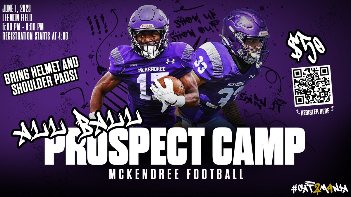 🚨 Exactly 2 Weeks out from our All Ball Prospect Camp!! Make sure you get signed up ASAP to secure your spot and come get better 🚨 #CAT2M4NIA

Register: football.mckendreecamps.com/skill-position…
