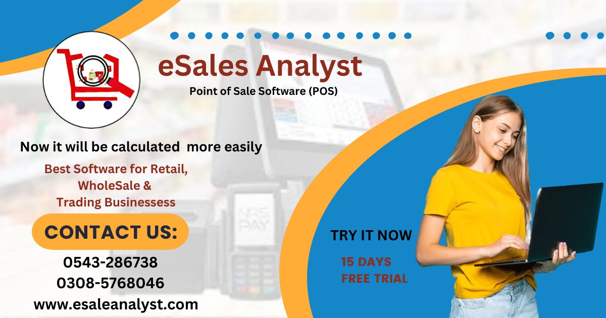MaqboolSolution's tweet image. eSales Analyst Point Of Sales Software
give complete trial for 15 days with installation guide.

visit our site: bit.ly/2MnLt3A
or contact us: 0543-286738, 0308-5768046, 0332-1913276
#possoftwaretrial #softwaretrial #Talagang #esalesanalystpossoftware