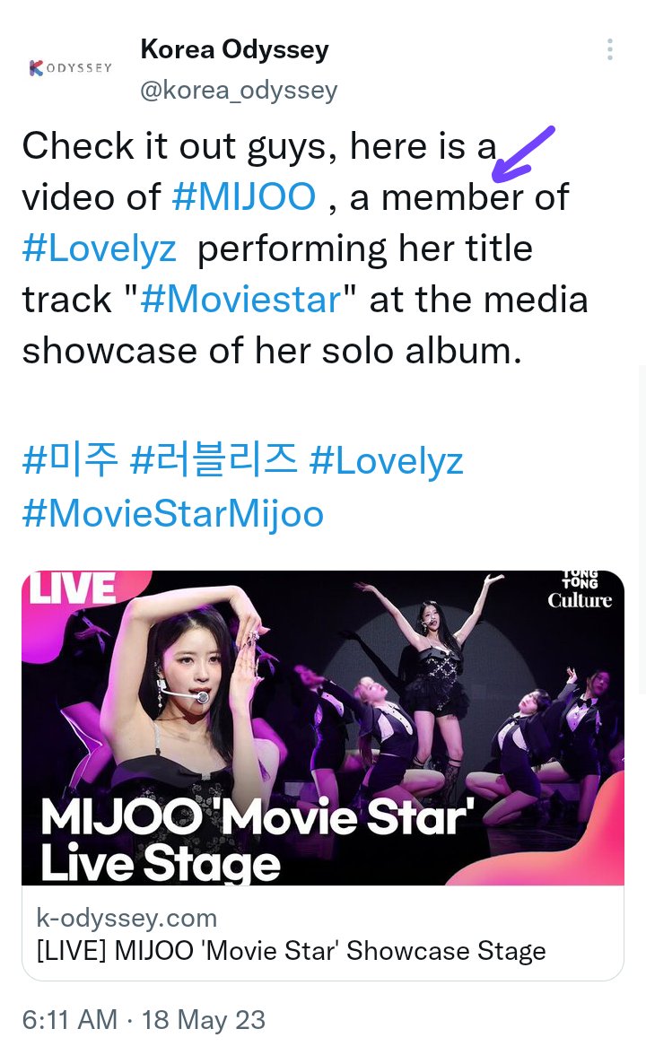 @korea_odyssey 💌 @korea_odyssey, thank you for your editorial coverage on #MIJOO. But please be consistent with your headline. You've done it well with your previous tweet headline (Mijoo is still a member of #Lovelyz). Not ❌ 'a former member' like on the new tweet headline 🔝. Pls revise 🙏🏽.