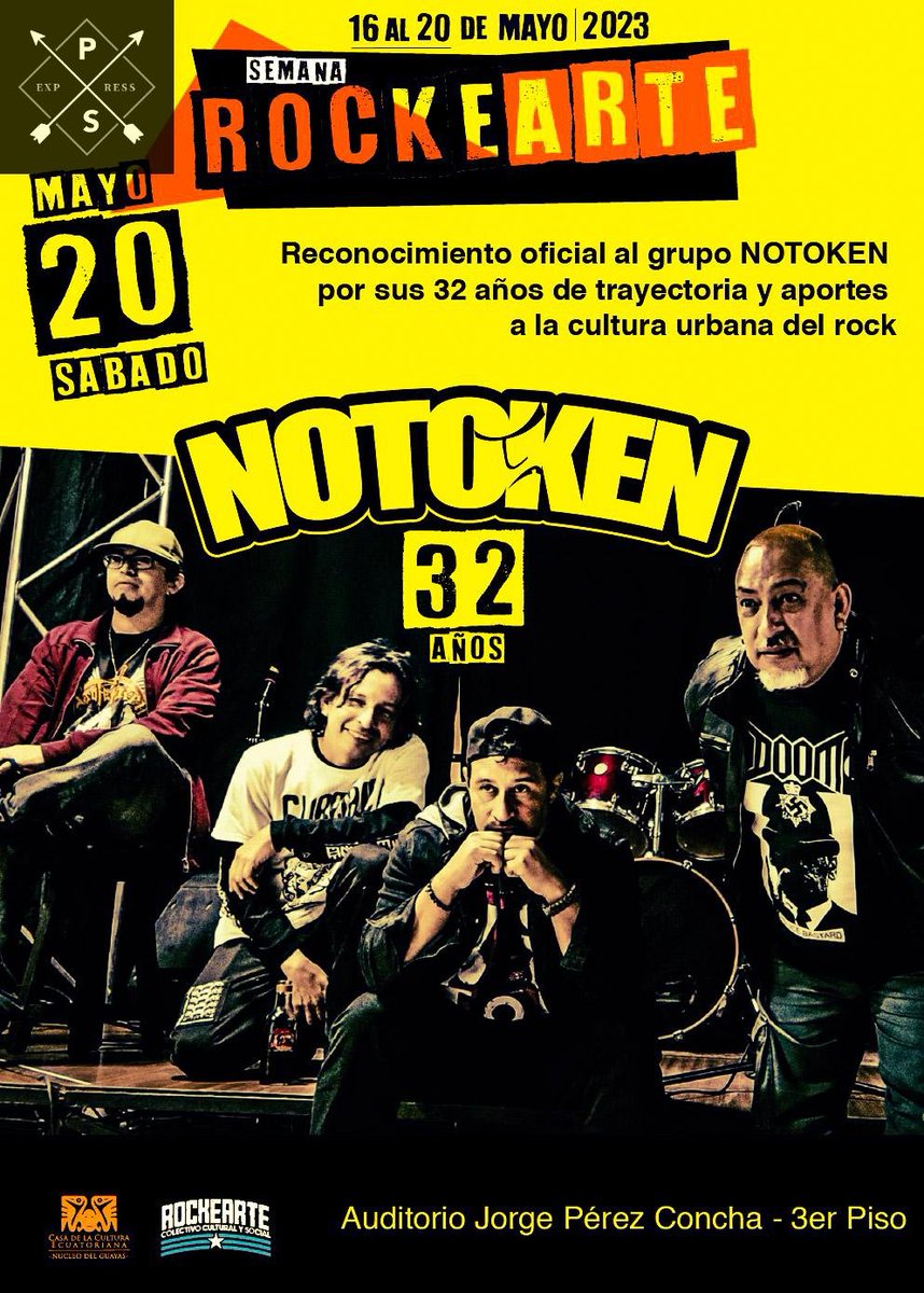 La Casa  de la Cultura núcleo del Guayas y el colectivo Rockearte, darán este sábado 20 un reconocimiento  a estos servidores por su aniversario 32  y su aporte al rock. Esto durante el evento que se  desarrollará  en la sala de la CCE. Arranquemos los festejos  por los 32 años.