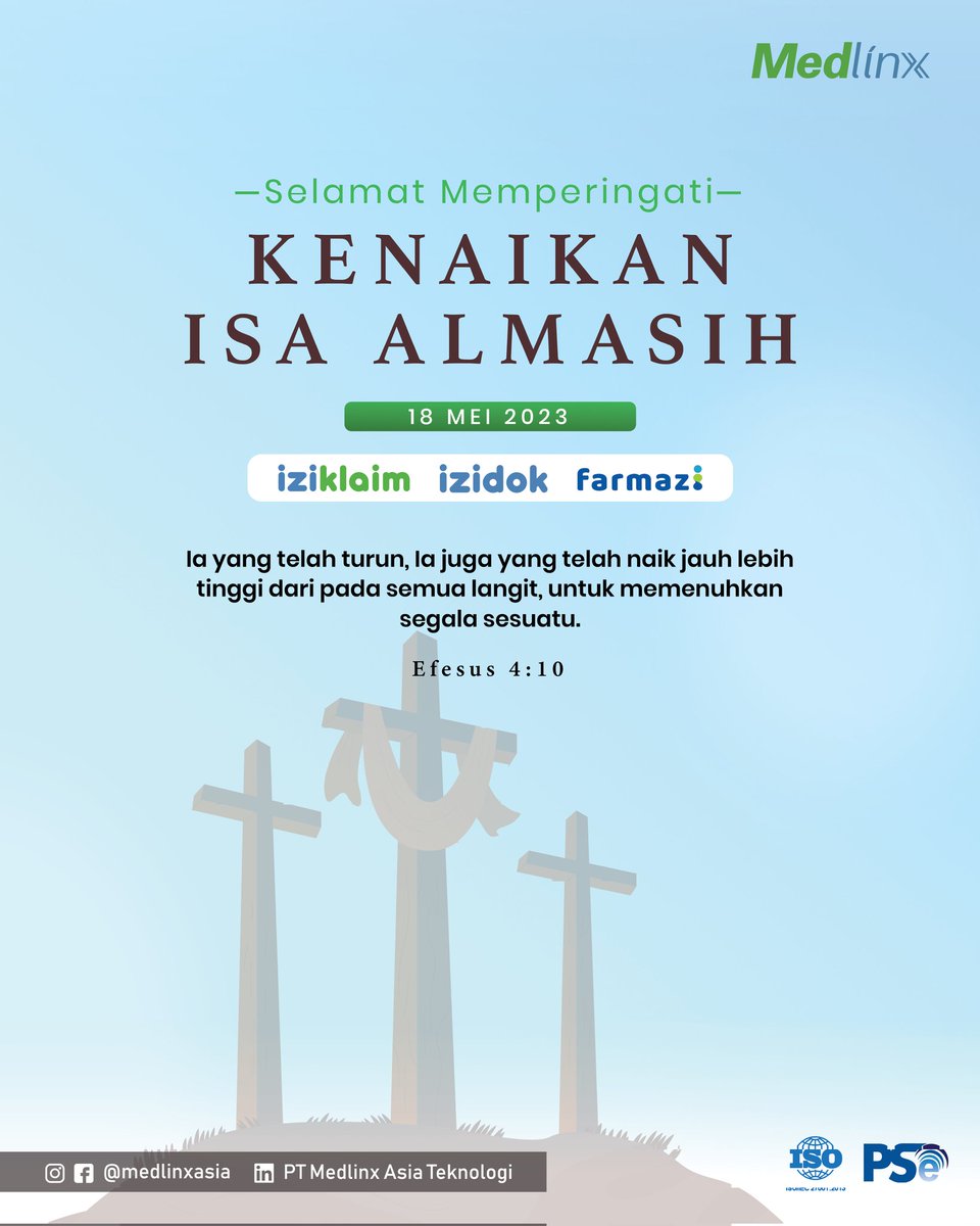 FarmaziID's tweet photo. Selamat memperingati Hari Kenaikan Isa Almasih. Semoga damai selalu menghampiri dengan segala doa terbaik untuk umat yang merayakan. 

#medlinx #izidok #iziklaim #farmazi #HariKenaikanIsaAlmasih #KenaikanIsaAlmasih https://t.co/rsySrNszMy