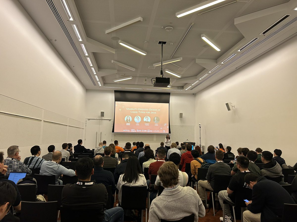 Packed room for <a href="/catarinavgamboa/">Catarina Gamboa</a>’s presentation on the usability of Liquid Types at <a href="/ICSEconf/">ICSE</a>. conf.researchr.org/program/icse-2… #lasige