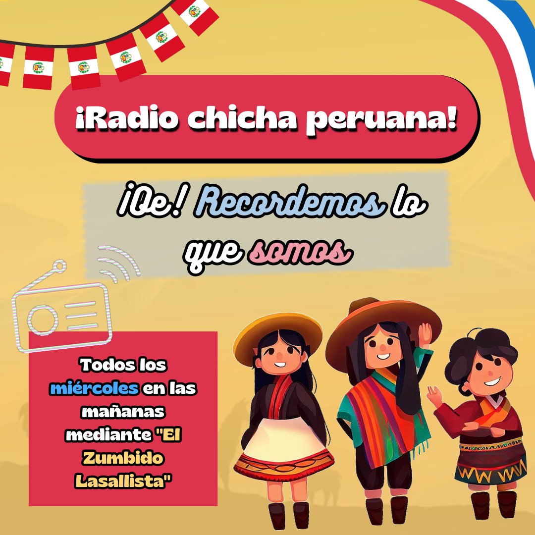 MunicipioLS2023's tweet photo. #TuMunicipioInforma #ZumbidoLasallista

¡Atención a todos! 📣

Debido a un proyecto en conjunto con el Colegio La Salle de Lima, se va a empezar a reproducir música "chicha" peruana todos los miércoles a partir de ahora hasta la finalización de este 🇵🇪. https://t.co/cidcJDO686
