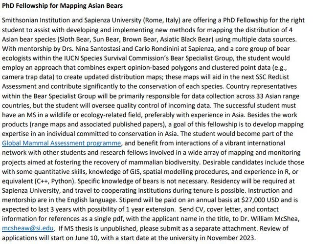 #PhD #fellowship opportunity - Asian Bear range mapping
#Smithsonian Institute, Sapienza University, and Bear Specialist Group
#slothbear #sunbear #brownbear #asiaticblackbear #bears #mapping #ecology #homerange #Asia #GIS #distribution #bear