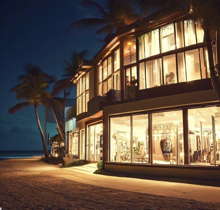 llc_alchemy's tweet image. Immerse in the allure of the night at our beachfront luxury fashion boutique 🏖👗🌙 4 radiant images unveil fashion&apos;s rendezvous with the sea! Inside lights play with outside waves - a sight to behold. Dive in! #TechTrendSetters #LuxuryFashion #BeachNight #IlluminatedElegance