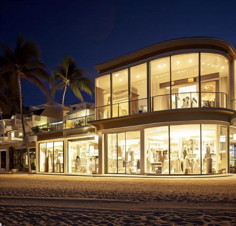 llc_alchemy's tweet image. Immerse in the allure of the night at our beachfront luxury fashion boutique 🏖👗🌙 4 radiant images unveil fashion&apos;s rendezvous with the sea! Inside lights play with outside waves - a sight to behold. Dive in! #TechTrendSetters #LuxuryFashion #BeachNight #IlluminatedElegance