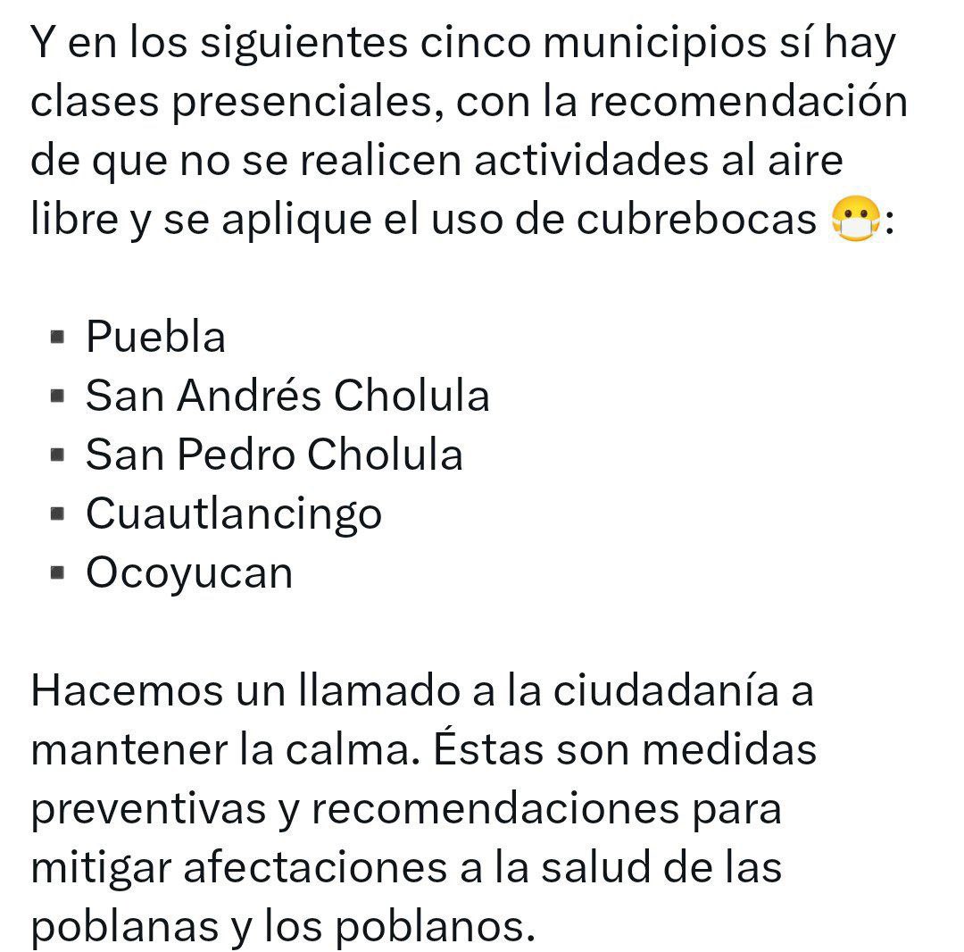 chematierra's tweet photo. AVISO 🌋
El gobierno de #Puebla #México 🇲🇽 determina la suspensión de clases presenciales a partir de mañana mayo 18, en 11 municipios por la caída de #ceniza del #Volcán #Popocatépetl. https://t.co/umAcnVfbUo