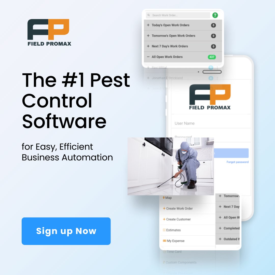 FieldPromax_'s tweet image. Boost your pest control business with dedicated business software. 

Try Field Promax pest control software now!

#pestcontrol #pestcontrolsoftware #pestcontrolautomation #mobileapp #fieldtechnicians #fieldservicemanagement #fieldservicemanagement #fieldpromax