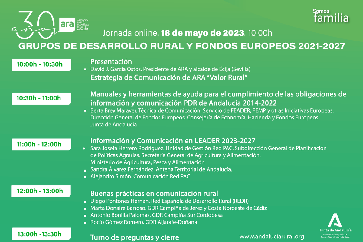 Andalucia_Rural's tweet photo. 🕐¡A las 10h comenzamos la jornada Grupos de Desarrollo Rural y FFEE 2021-2027🇪🇺🌿!
🎙️💬@djgarciaostos presenta a los 8️⃣ ponentes vinculados a la comunicación e información📹🗞️📻 de #FondosEuropeos y #LEADER
🖋https://t.co/oRiME9kVrh
#ComunicaRural #GruposDesarrolloRuralyFFEE https://t.co/c8gC6ZsBdD