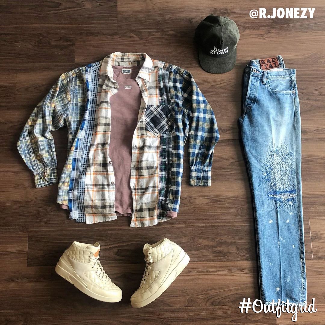 outfitgrid's tweet photo. Today's top #outfitgrid is by @r.jonezy.
▫️ #Needles #Flannel
▫️ #DonC x #JordanII
▫️ #Kapital #Denim
▫️ #Kith #Tee
▫️ #HomegrownSF #Cap https://t.co/c8wqkuotX6