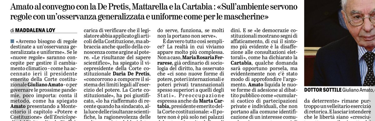 madforfree's tweet photo. “Ora che bisogna contrastare il cambiamento climatico avremo bisogno di regole destinate a un’osservanza generalizzata e uniforme”, indica Giuliano Amato parlando di potere e Costituzione. E i giuristi difendono il potere costituito temendo i “poteri forti privati e transnazionali”. 
I cittadini? Obbediscano e facciano quadrato intorno alle istituzioni (e pazienza se non sono trasparenti).
@LaVeritaWeb