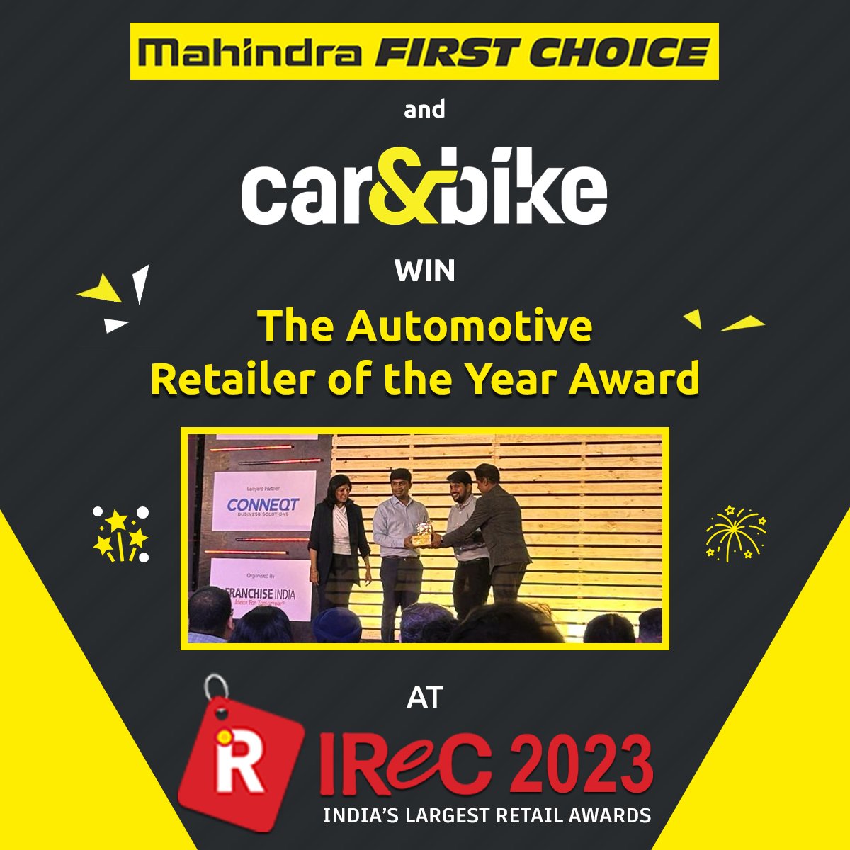 Mahindra First Choice and @carandbike have won the prestigious 2023 IReC Automotive Retailer of the Year Award! This incredible achievement is a testament to our commitment to excellence and customer satisfaction. #MahindraFirstChoice #carandbike #IReCAwards #irec2023