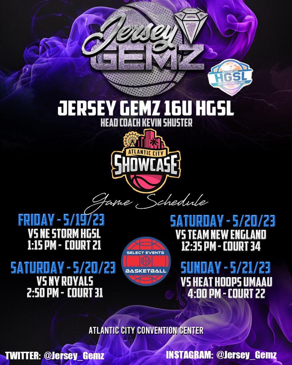 Jersey Gemz 16U HGSL schedule for this weekend at the Atlantic City Show. Come check us out!