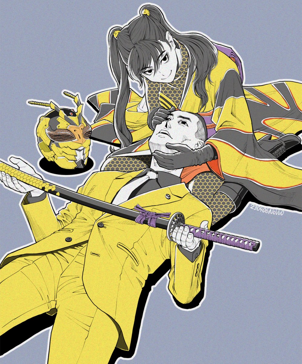 1girl weapon sword 1boy katana suit formal  illustration images