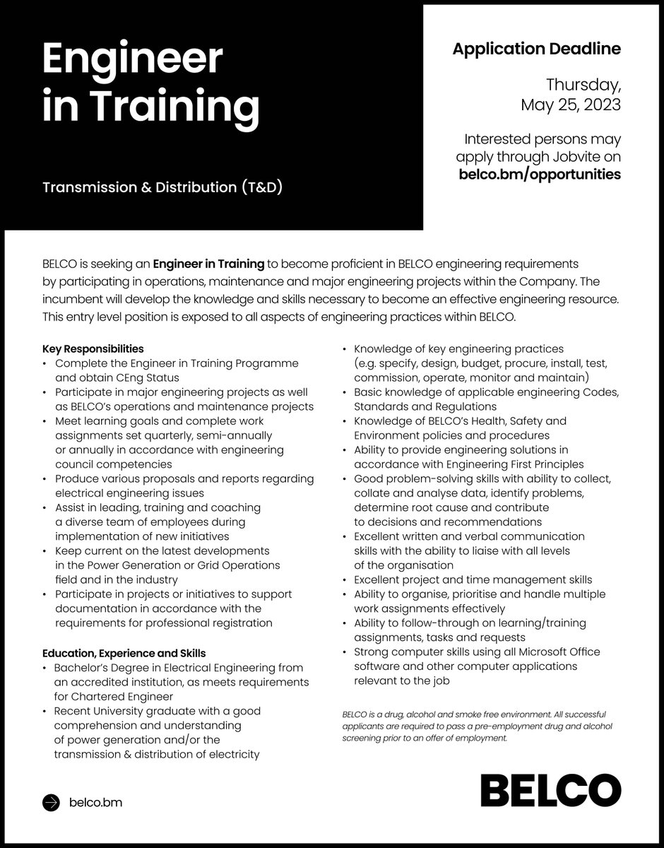 #Employment #Opportunity

BELCO is seeking an Engineer in Training to join our Transmission &amp; Distribution (T&amp;D) team.

Interested? Let us know...
Apply through Jobvite on belco.bm/opportunities.

Application Deadline: Thursday, May 25, 2023
