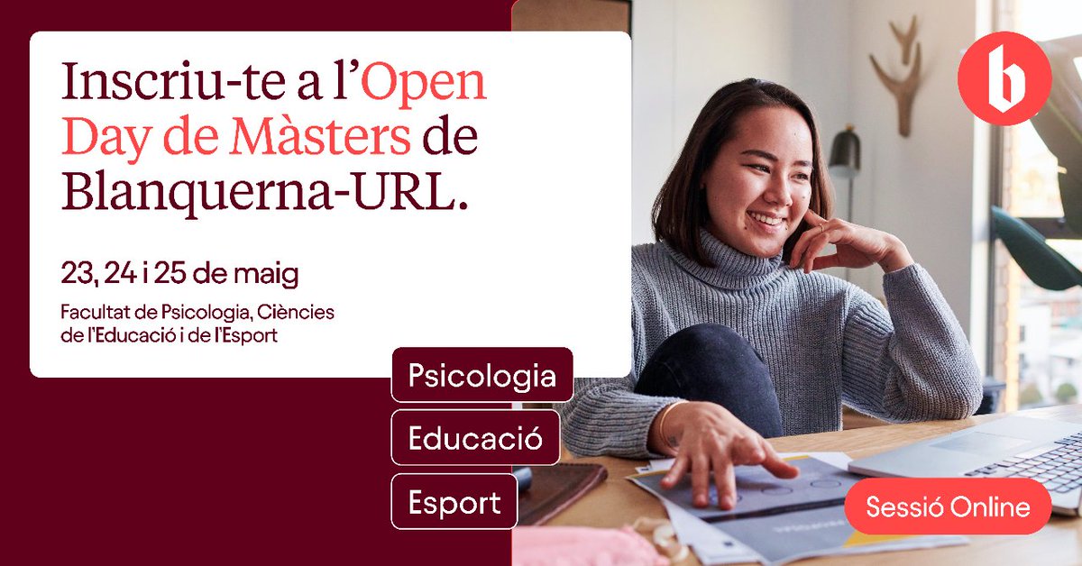 💭Estàs pensant a fer un màster o un postgrau relacionat amb la #psicologia, l’#educació o l’#esport el curs vinent?

Els dies 23, 24 i 25 de maig tindran lloc les jornades informatives en línia per informar de les nostres titulacions!

👉🏽blanquerna.edu/ca/noticies/es…