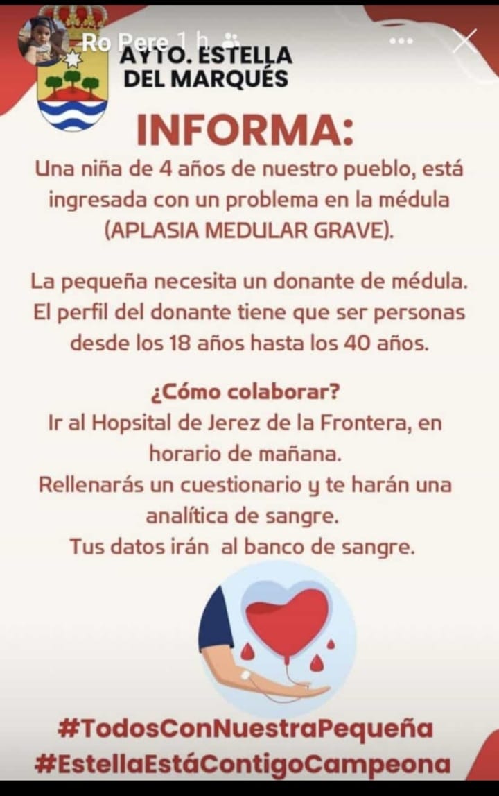 ApoLeuJerez's tweet photo. No podrás #donarmédula para ella se necesita un proceso, pero podrás #SALVARVIDA a otras personas que están esperando.
Os dejo enlace de la entrevista que me hicieron en @OndaJerezRTV y conseguimos hablar con su padre y entró en directo desde el hospital.
https://t.co/EKK76aRTwV https://t.co/qW9R29j3am