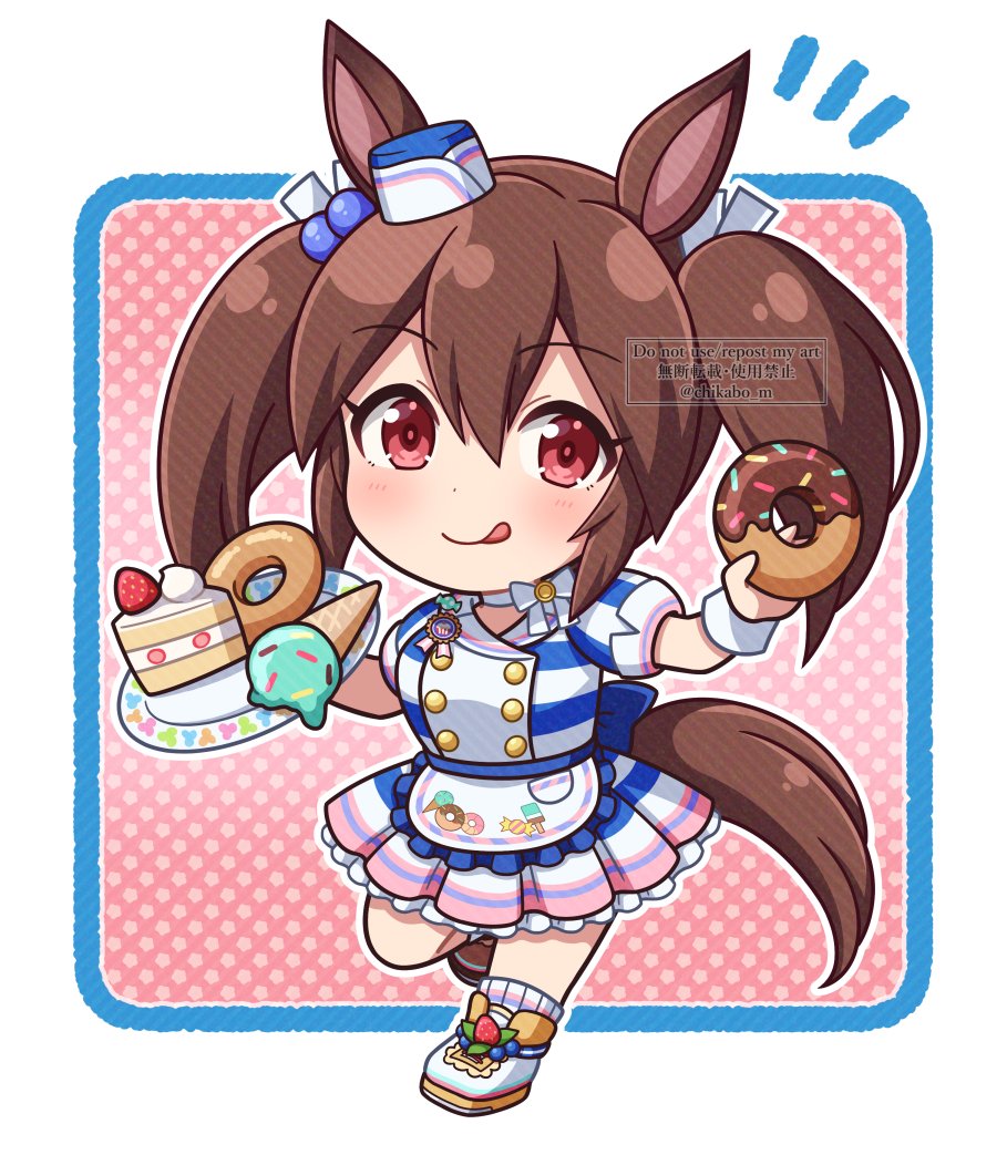 1girl food twintails animal ears tongue out horse ears brown hair  illustration images