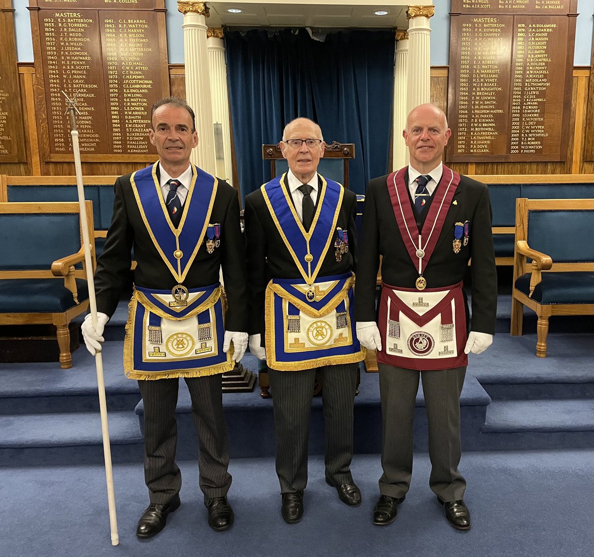 You don’t see this very often ! 
WBros Adrian and Clinton Witt forming part of the Provincial team at the Lodge of St Mark installation meeting. Proud father WBro Terry Witt kept a watchful eye on his sons who were both word perfect.
A very proud family occasion!