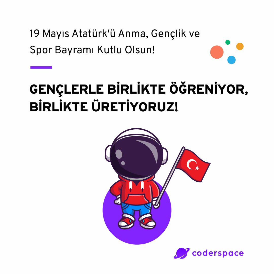 coderspace_io's tweet image. Hayalleri, azmi ve cesaretiyle fark yaratan gençlerimizi sonuna kadar destekliyor, 19 Mayıs Atatürk’ü Anma, Gençlik ve Spor Bayramı’nı kutluyoruz. 🎈💜

#Coderspace #19mayıs #19mayısatatürküanmagençlikvesporbayramı #19mayıskutluolsun
