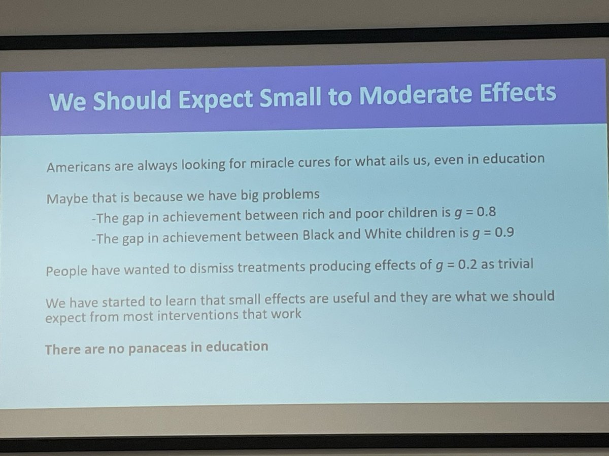 Very good point from Prof Larry Hedges. Interventions are not panaceas. Embrace “small” effect sizes. A lifetime of inequality can’t be fully overturned by a (cheap) intervention, but the interventions are still worthwhile.