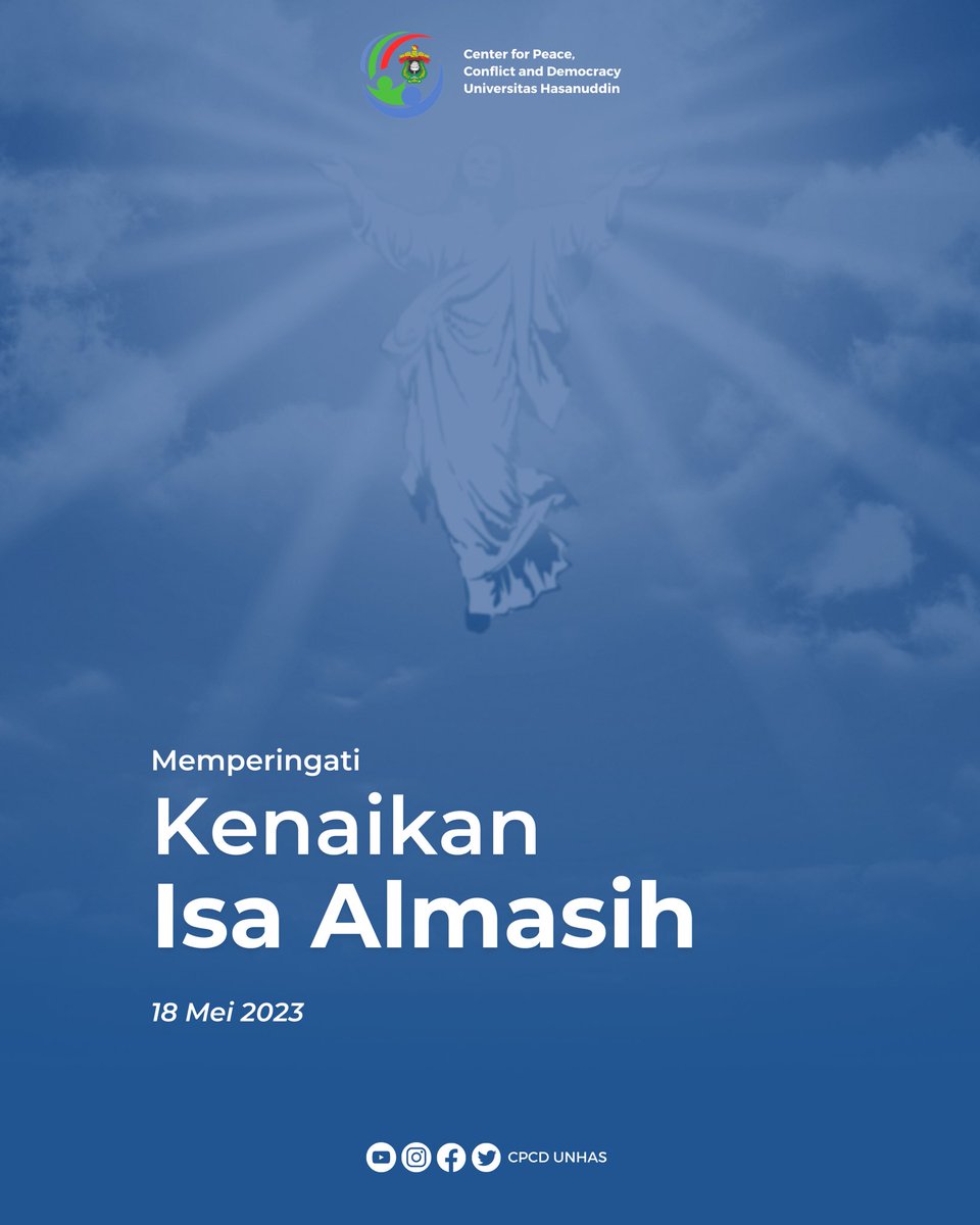 CpcdUnhas's tweet photo. Selamat memperingati kenaikan Isa Almasih 2023. 

Semoga kedamaian senantiasa selalu membersamai ✨

#CPCDUNHAS #UniversitasHasanuddin #KenaikanIsaAlmasih https://t.co/GmR34V7L7h