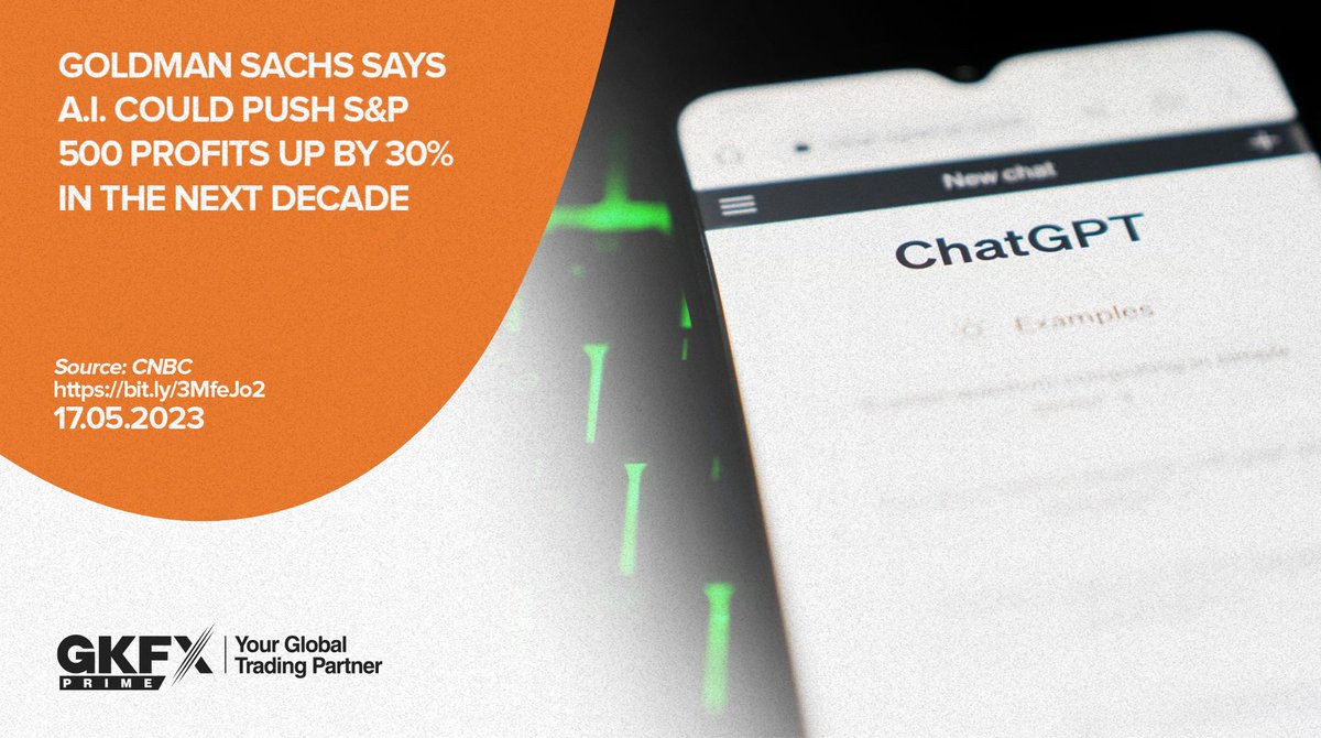 GKFXPrimeGlobal's tweet photo. Goldman Sachs is bullish about artificial intelligence and believes the technology could help drive S&amp;P 500 profits in the next 10 years.  “Over the next 10 years, AI could increase productivity by 1.5% per year. 

Source: CNBC https://t.co/dCGKT2MJcR